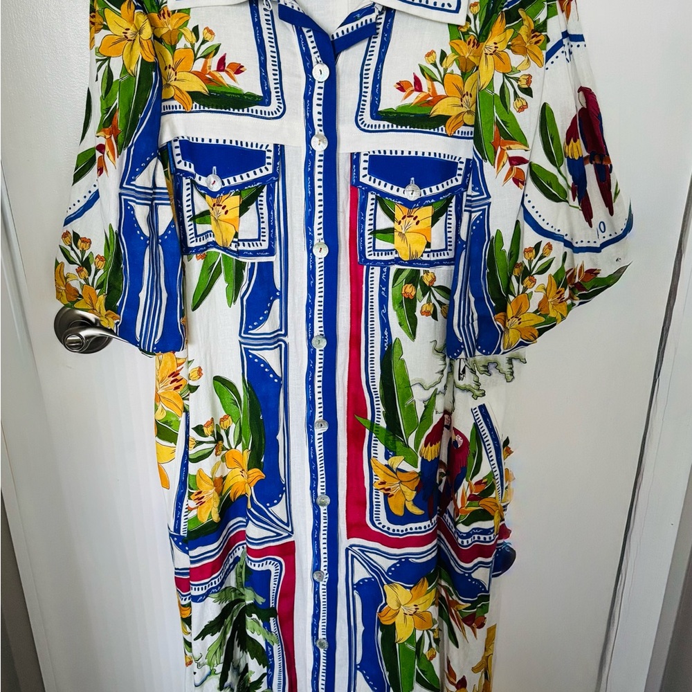 FARM Rio White and Blue Puff Sleeve Sundress